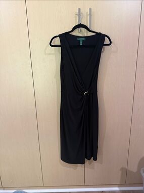 Ralph Lauren Black Sleeveless Faux-Wrap Midi Dress with Gold Accent